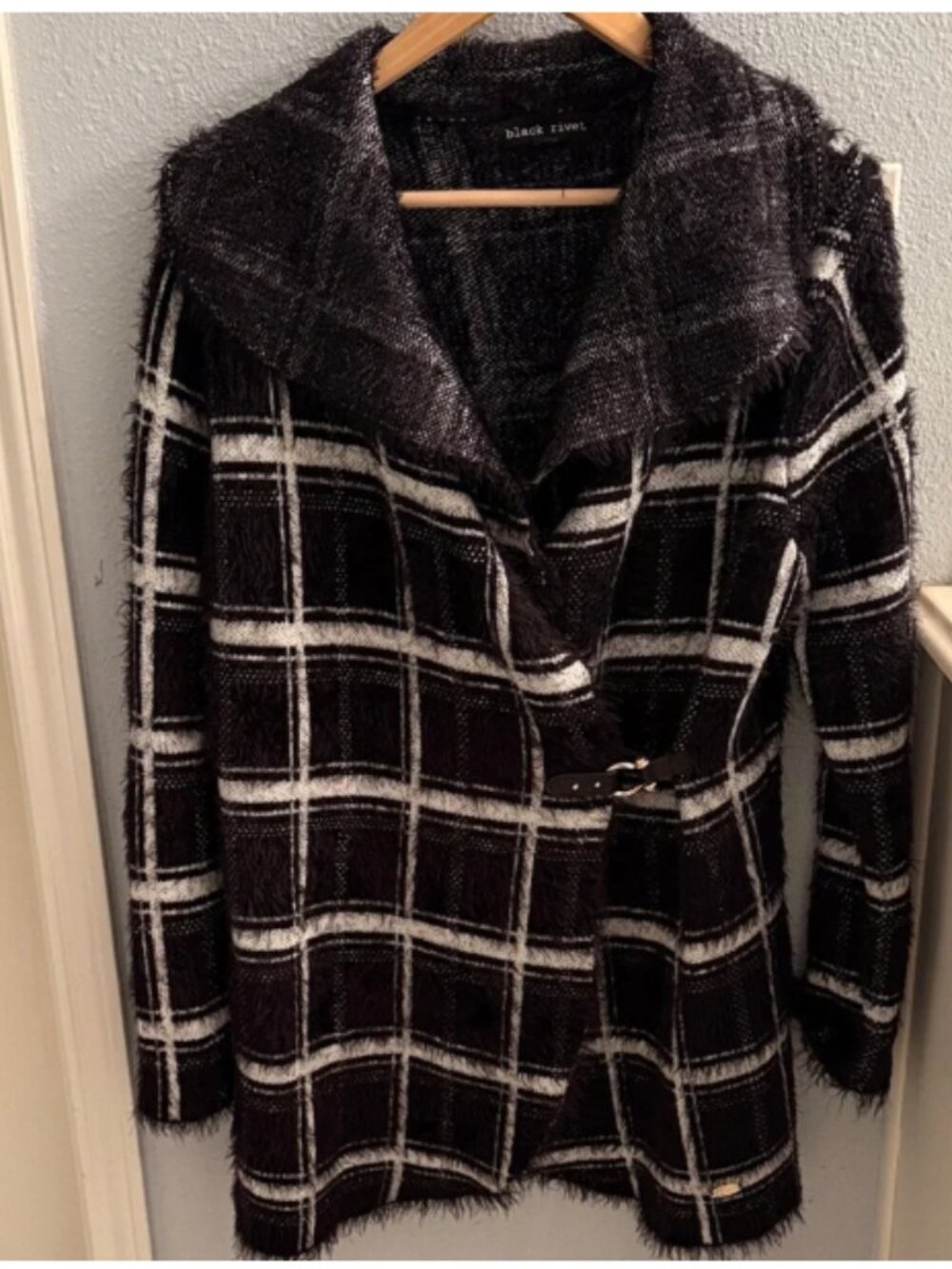 black and white checked mid lenght Women Lapel Plaid Coat